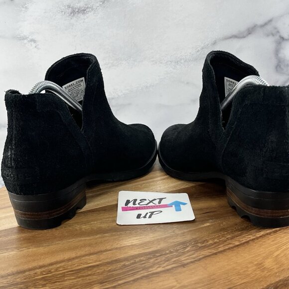 Sorel lolla cut out black suede ankle bootie heeled boots women's size 9.5 - Picture 5 of 9